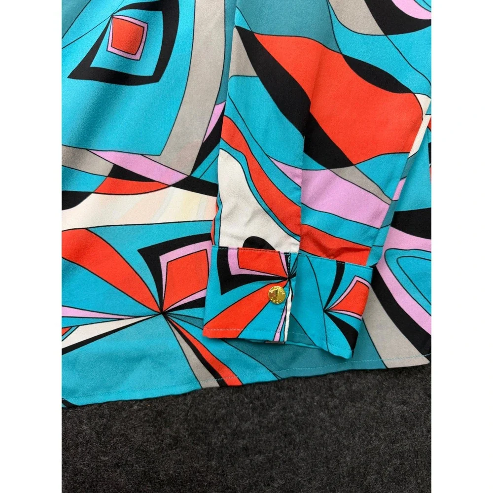 Michael Michael Kors Abstract Geometric Print Button Down Blouse Turquoise L - Picture 5 of 9